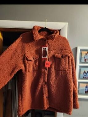 Rust Orange Sherpa Shacket - Cozy Button-Up Jacket